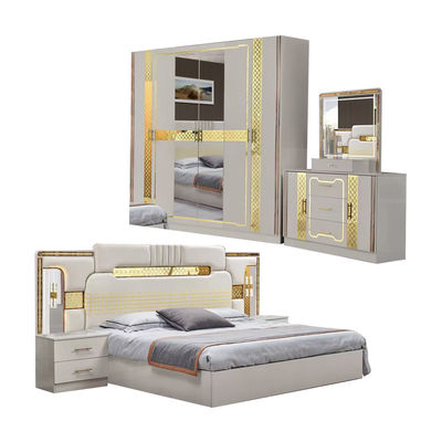Turkse luxe stijl Houten raam King Size Bed Set Led Headboard Modern Classic Full Home Houten slaapkamer sets Meubelen