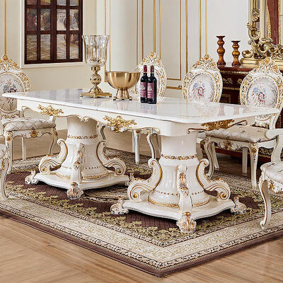 Franse koninklijke luxe witte houten eettafel set 6 zitplaatsen stoelen villa meubels Europese klassieke grote houten eetkamer sets