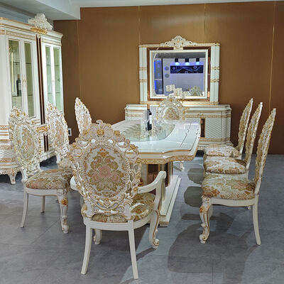 Europese stijl Royal Luxury Houten Eettafel Set 8 zitplaatsen Stoelen Huis Meubelen Eetkamer Grote klassieke houten Eettafel