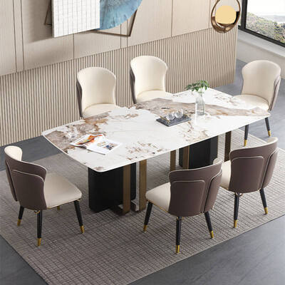 Modern Design Koninklijke Metalen Eettafel en Stoel Set 6 Zits Thuismeubilair Eetkamer Goud Luxe Marmeren Eettafel