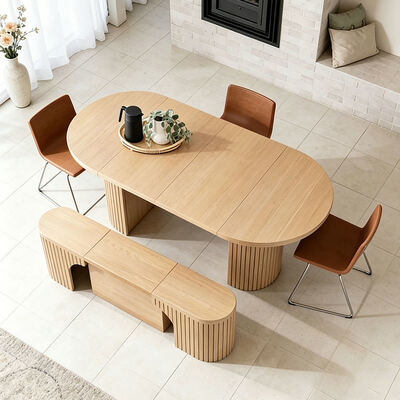 Scandinavische moderne uitschuifbare eettafel, opvouwbaar blad, houten eetkamermeubilair, minimalistische massief houten opvouwbare eettafelset