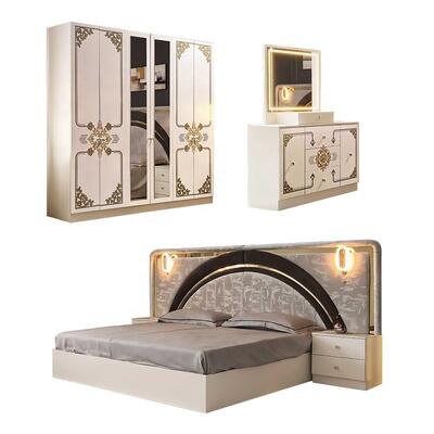 Moderne Luxe Wit Goud Complete Slaapkamersets Hoogglans LED Hoofdbord Kingsize Bed Houten Frame Master Slaapkamer Meubelset