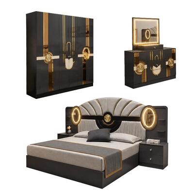 Turkse Royal Luxe Complete Slaapkamer Sets King Size Bed Kamer Suite Verlicht Hoofdbord Houten Frame Moderne Slaapkamer Meubelset
