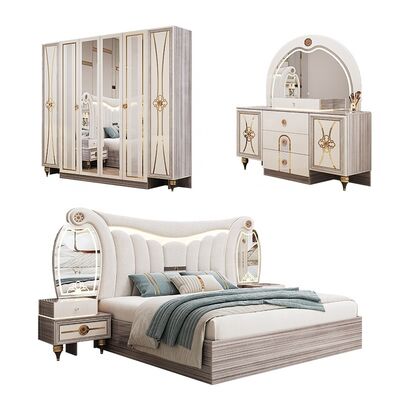 Luxe Kingsize Moderne Slaapkamer Meubelset Luxe Verlicht Hoofdeinde Dubbel Bed Set Houten Frame Volledige Turkse Woonmeesterslaapkamer Set