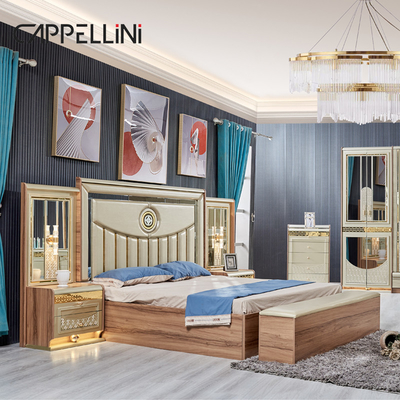 Luxe goud hout dubbel leer king size bed houten modern huis full bedroom meubel set