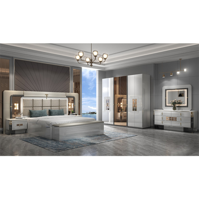 Hoogwaardig modern dubbel houten frame king size bed Hout verlicht hoofdbord Meesterkamer Luxe Volledige slaapkamer meubelset