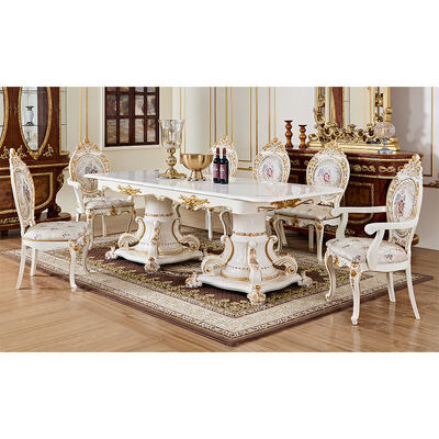 Franse koninklijke luxe witte houten eettafel set 6 zitplaatsen stoelen villa meubels Europese klassieke grote houten eetkamer sets