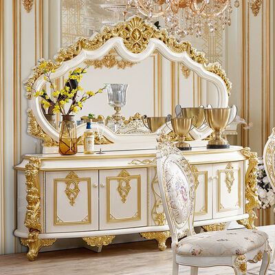 Europese stijl Classic Royal Luxury Eetkamer Set Meubelen Antiek Goud Compleet Groot 6 8 zitplaatsen Houten Eettafel Set