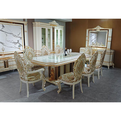 Europese stijl Royal Luxury Houten Eettafel Set 8 zitplaatsen Stoelen Huis Meubelen Eetkamer Grote klassieke houten Eettafel