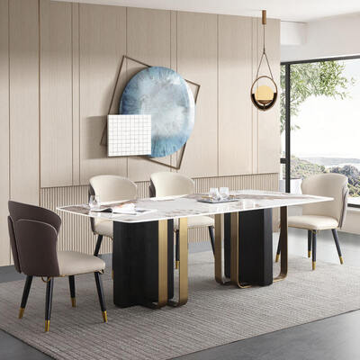 Modern Design Koninklijke Metalen Eettafel en Stoel Set 6 Zits Thuismeubilair Eetkamer Goud Luxe Marmeren Eettafel