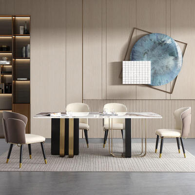 Modern Design Koninklijke Metalen Eettafel en Stoel Set 6 Zits Thuismeubilair Eetkamer Goud Luxe Marmeren Eettafel