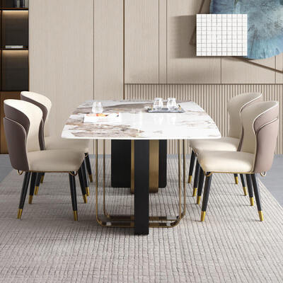 Modern Design Koninklijke Metalen Eettafel en Stoel Set 6 Zits Thuismeubilair Eetkamer Goud Luxe Marmeren Eettafel