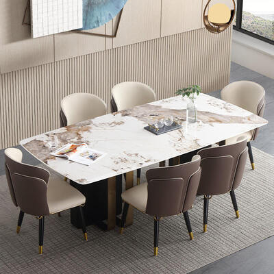 Modern Design Koninklijke Metalen Eettafel en Stoel Set 6 Zits Thuismeubilair Eetkamer Goud Luxe Marmeren Eettafel
