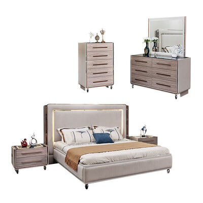 King Size LED Headboard Luxe Leer Bed Bedroom Sets Houten Frame Moderne Huiskamer Dubbelkamer Compleet Bedroom Meubels Set