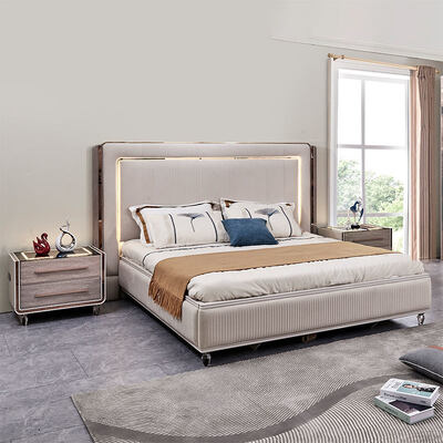 King Size LED Headboard Luxe Leer Bed Bedroom Sets Houten Frame Moderne Huiskamer Dubbelkamer Compleet Bedroom Meubels Set