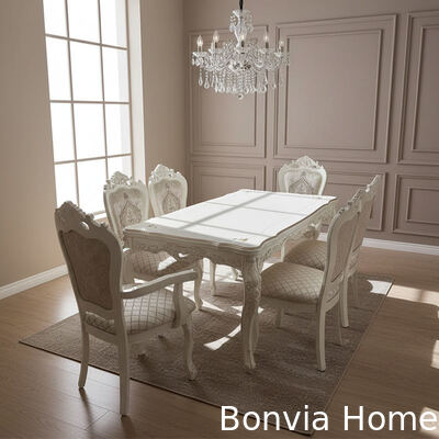 Europese stijl Massief hout 8 zitplaatsen Eettafel Set Stoelen Eetkamermeubilair Klassiek houten luxe Eettafel Set voor 8