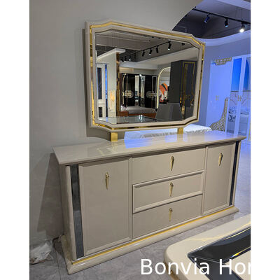 Witte Luxe Houten Eettafel en Stoelen Set 6 zitplaatsen Huismeubelen Eetkamer Eettafel met Sideboard Wijnkast