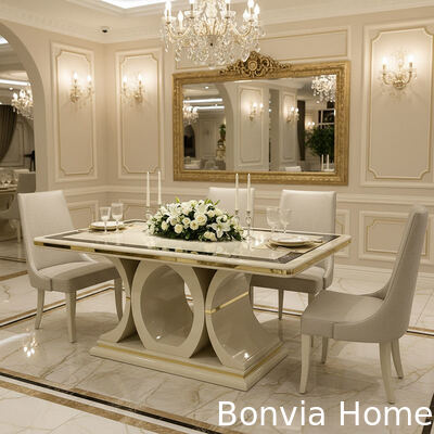 Witte Luxe Houten Eettafel en Stoelen Set 6 zitplaatsen Huismeubelen Eetkamer Eettafel met Sideboard Wijnkast