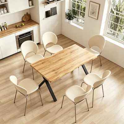 Minimalistische stijl rechthoekige Live Edge Eettafel Metalen basis Eetkamermeubelen Houten Moderne Eettafel Set 6 zitplaatsen