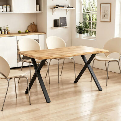 Minimalistische stijl rechthoekige Live Edge Eettafel Metalen basis Eetkamermeubelen Houten Moderne Eettafel Set 6 zitplaatsen