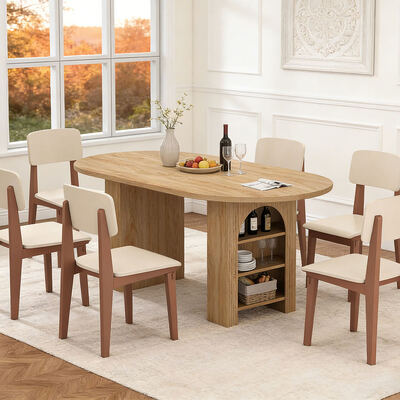 Fabriek Groothandel Uitbreidbare Eettafel Set 6 zitplaatsen Huis Eetkamer Ovale Houten Opvouwbare Eettafel Met Opbergplanken