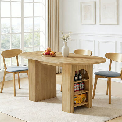 Fabriek Groothandel Uitbreidbare Eettafel Set 6 zitplaatsen Huis Eetkamer Ovale Houten Opvouwbare Eettafel Met Opbergplanken
