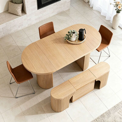 Scandinavische moderne uitschuifbare eettafel, opvouwbaar blad, houten eetkamermeubilair, minimalistische massief houten opvouwbare eettafelset