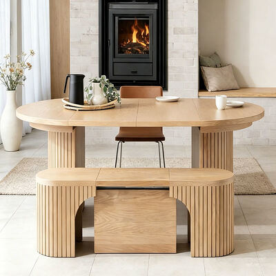 Scandinavische moderne uitschuifbare eettafel, opvouwbaar blad, houten eetkamermeubilair, minimalistische massief houten opvouwbare eettafelset