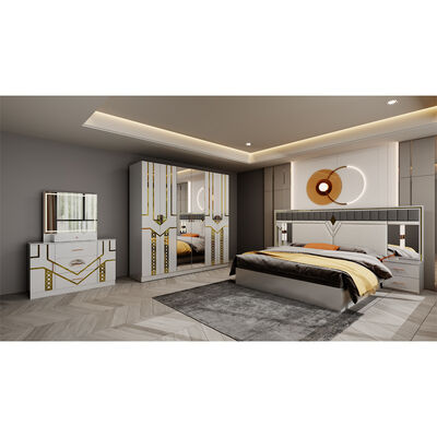 Groothandel Modern Design Dubbel Leer King Bed Kledingkast Commode Volledige Set Huis Houten Queen Size Luxe Meubels Slaapkamer Sets