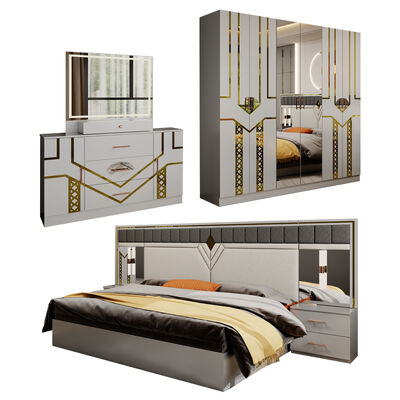 Groothandel Modern Design Dubbel Leer King Bed Kledingkast Commode Volledige Set Huis Houten Queen Size Luxe Meubels Slaapkamer Sets