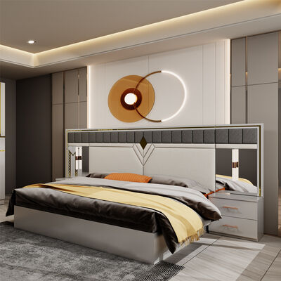 Groothandel Modern Design Dubbel Leer King Bed Kledingkast Commode Volledige Set Huis Houten Queen Size Luxe Meubels Slaapkamer Sets