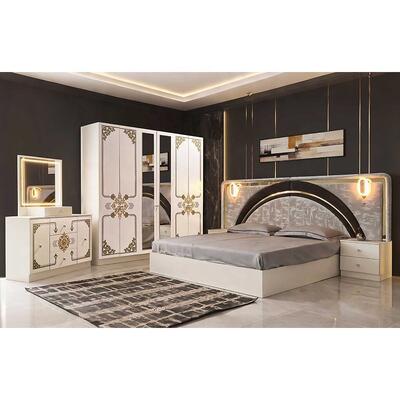 Moderne Luxe Wit Goud Complete Slaapkamersets Hoogglans LED Hoofdbord Kingsize Bed Houten Frame Master Slaapkamer Meubelset
