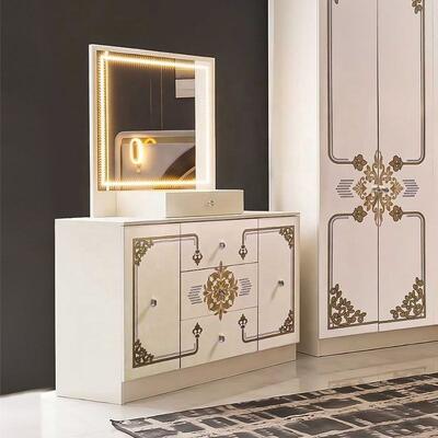 Moderne Luxe Wit Goud Complete Slaapkamersets Hoogglans LED Hoofdbord Kingsize Bed Houten Frame Master Slaapkamer Meubelset