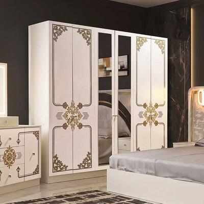 Moderne Luxe Wit Goud Complete Slaapkamersets Hoogglans LED Hoofdbord Kingsize Bed Houten Frame Master Slaapkamer Meubelset