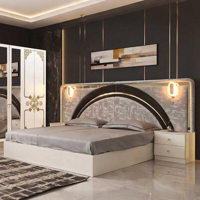 Moderne Luxe Wit Goud Complete Slaapkamersets Hoogglans LED Hoofdbord Kingsize Bed Houten Frame Master Slaapkamer Meubelset