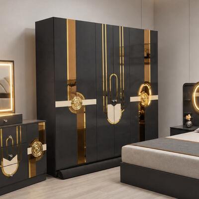Turkse Royal Luxe Complete Slaapkamer Sets King Size Bed Kamer Suite Verlicht Hoofdbord Houten Frame Moderne Slaapkamer Meubelset
