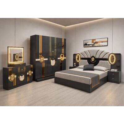 Turkse Royal Luxe Complete Slaapkamer Sets King Size Bed Kamer Suite Verlicht Hoofdbord Houten Frame Moderne Slaapkamer Meubelset