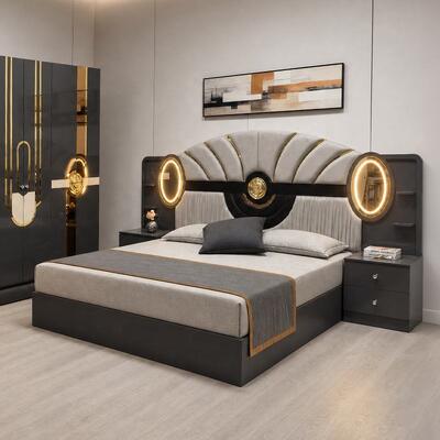 Turkse Royal Luxe Complete Slaapkamer Sets King Size Bed Kamer Suite Verlicht Hoofdbord Houten Frame Moderne Slaapkamer Meubelset