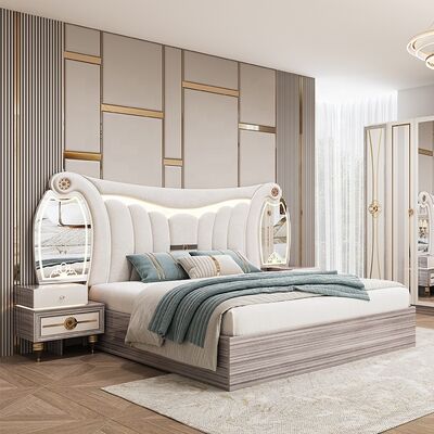 Luxe Kingsize Moderne Slaapkamer Meubelset Luxe Verlicht Hoofdeinde Dubbel Bed Set Houten Frame Volledige Turkse Woonmeesterslaapkamer Set