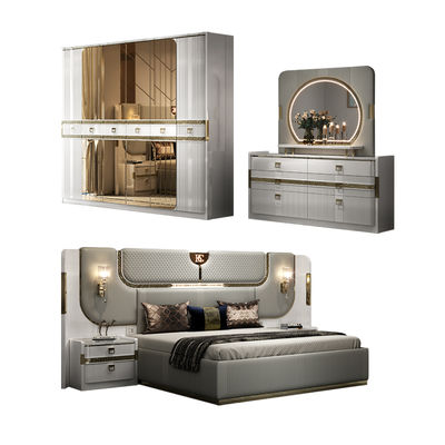 Turkse Stijl Luxe Houten King Size Slaapkamer Sets Dubbel Gestoffeerd Bed Kamer Moderne Houten Frame Volledige Thuis Slaapkamer Meubelset