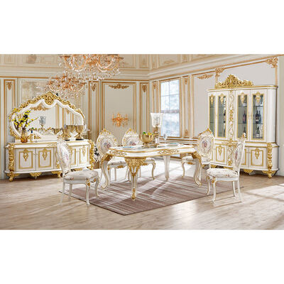 Europese stijl Classic Royal Luxury Eetkamer Set Meubelen Antiek Goud Compleet Groot 6 8 zitplaatsen Houten Eettafel Set